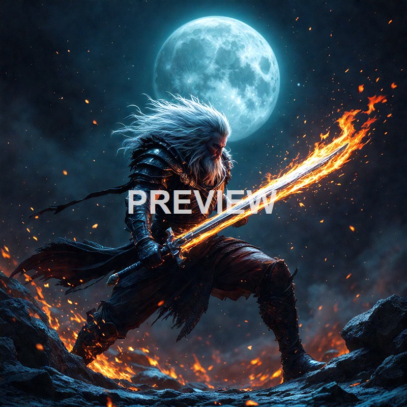 A fierce warrior with long white hair and armor holding a flaming sword, standing on rocky terrain with fiery embers around, under a bright full moon in a dark, stormy sky.